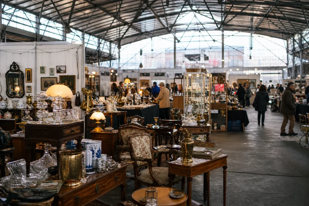 shoppers browsing antique and vintage market stalls at Trödelmarkt Spandau in Berlin, Germany