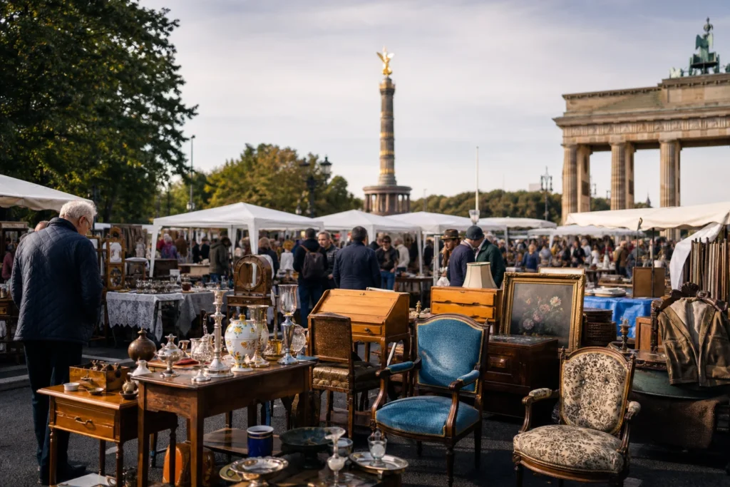 shoppers browsing antique and vintage market stalls at Trödelmarkt Straße des 17. Juni in Berlin, Germany