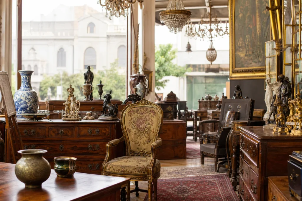 shoppers browsing antique and vintage market stalls at Tsantilis Antiques in Greece