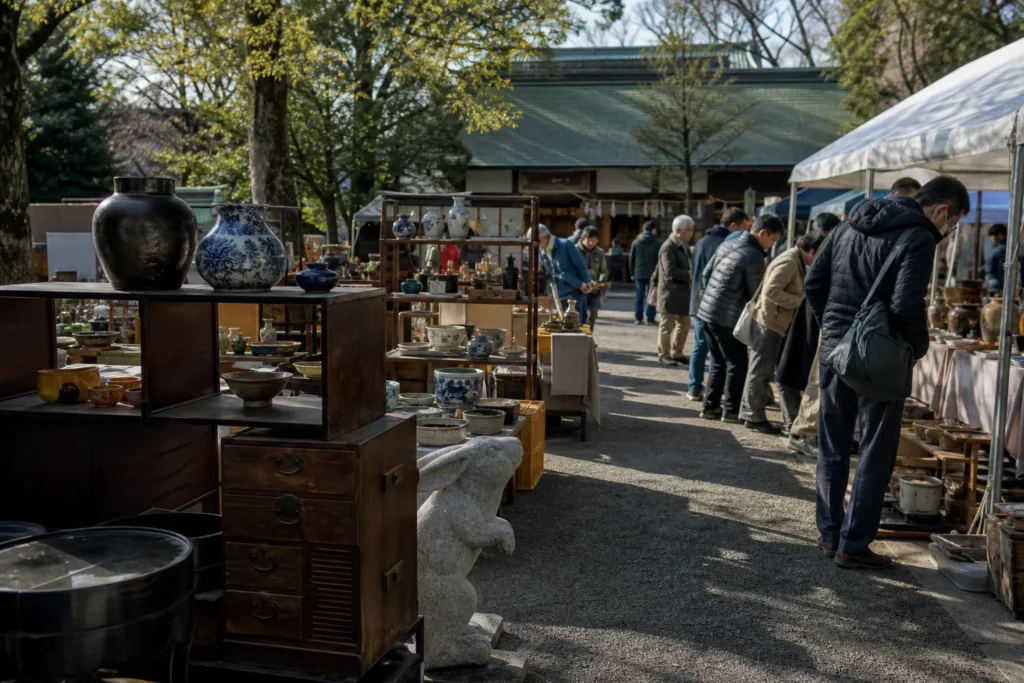 shoppers browsing antique and vintage market stalls at Tsukinomiya Shrine – 月野宮神社 in Japan, Tokyo