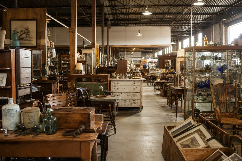 shoppers browsing antique and vintage market stalls at Two Crows Antique Mall in West Virginia