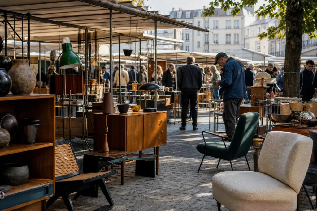 shoppers browsing antique and vintage market stalls at Undesignable Market in Paris
