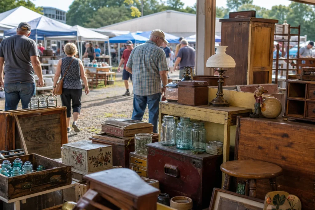 shoppers browsing antique and vintage market stalls at Union Grove Flea Market in Wisconsin