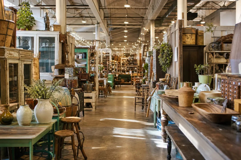 shoppers browsing antique and vintage market stalls at University Pickers in Alabama