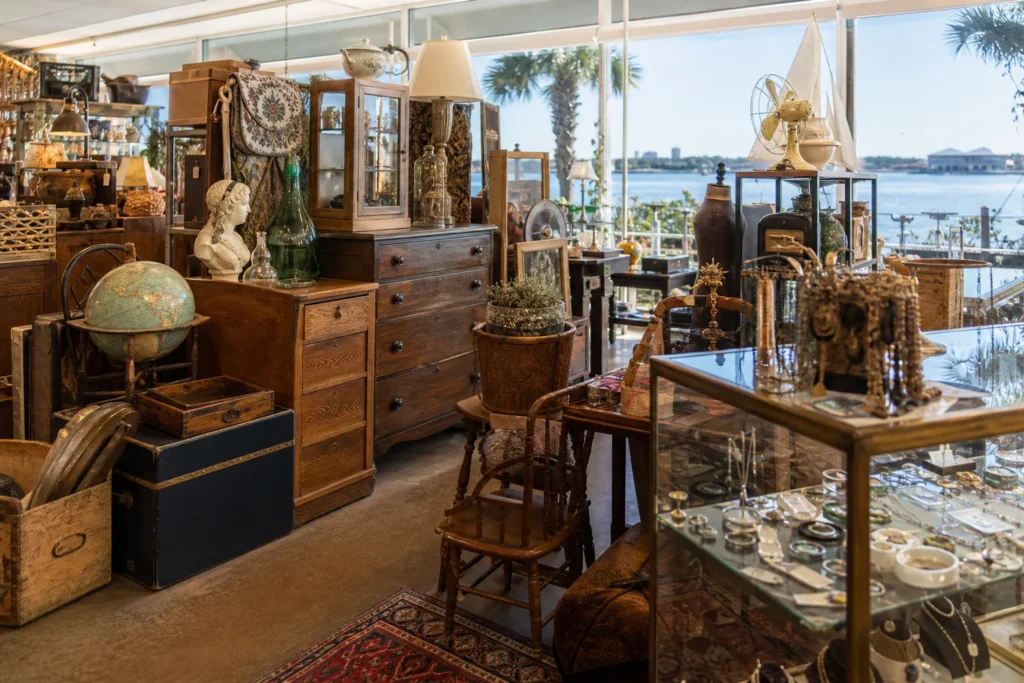 shoppers browsing antique and vintage market stalls at Uptown Vintage and Antique Market in Florida