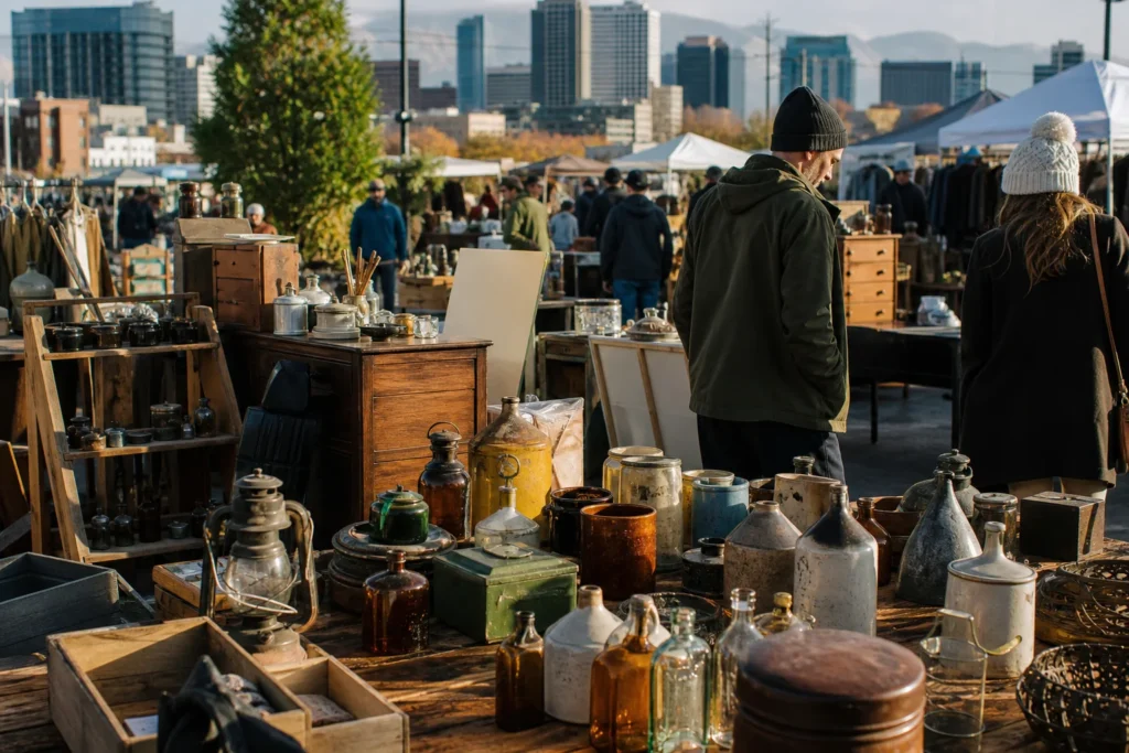 shoppers browsing antique and vintage market stalls at Urban Flea Market in Utah