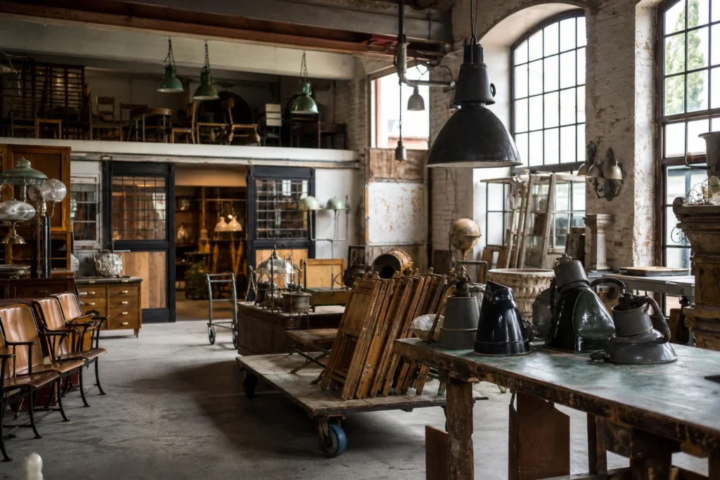 shoppers browsing antique and vintage market stalls at Urban Industrial in Berlin, Germany