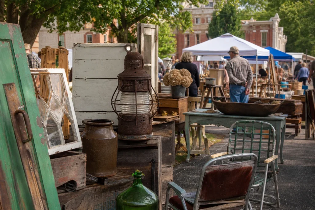 shoppers browsing antique and vintage market stalls at US 11 Antique Alley in USA
