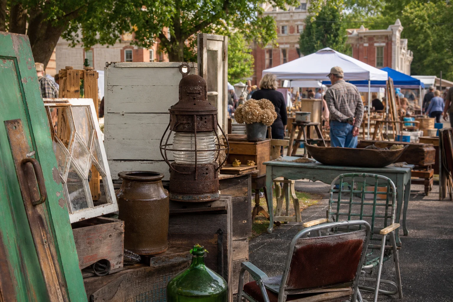 shoppers browsing antique and vintage market stalls at US 11 Antique Alley in USA