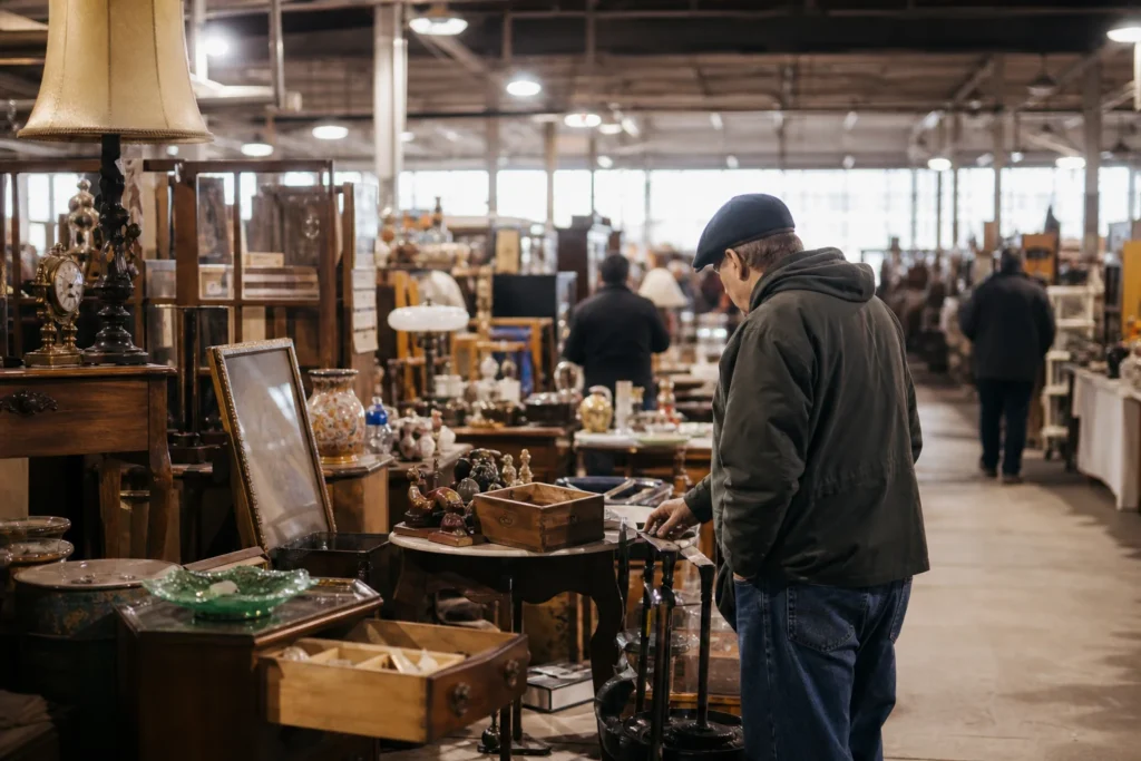 shoppers browsing antique and vintage market stalls at Vancouver Flea Market and Antique Show in British Columbia, Canada, Vancouver
