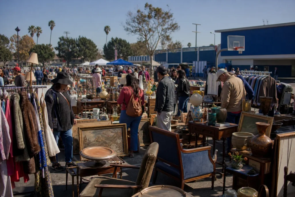 shoppers browsing antique and vintage market stalls at Venice High Flea Market in California