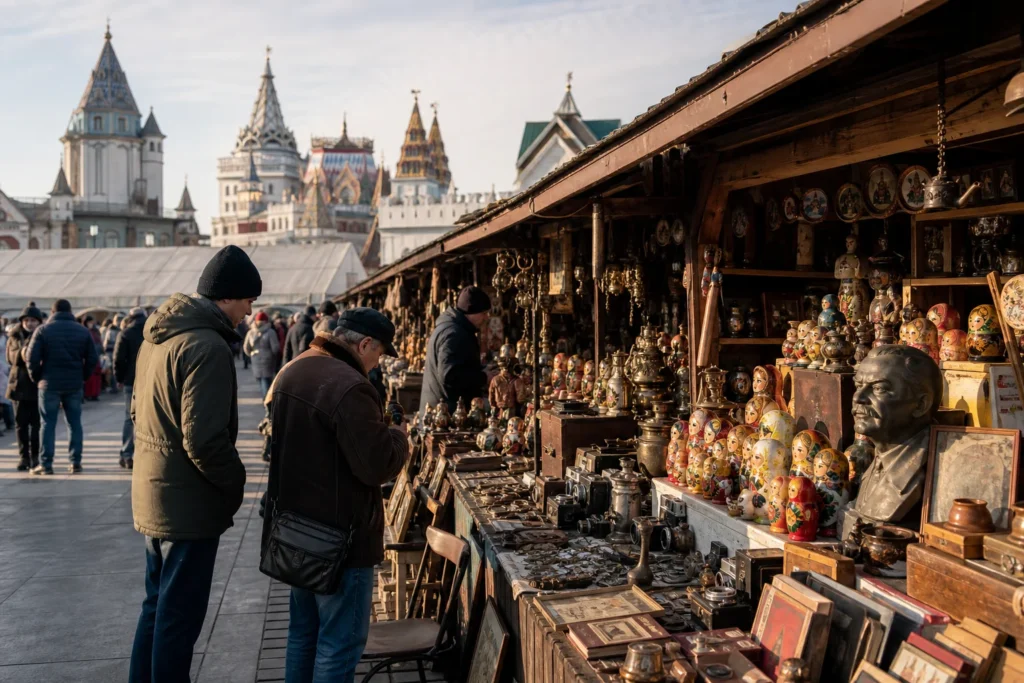 shoppers browsing antique and vintage market stalls at Vernisazh in Izmailovo in Moscow, Russia