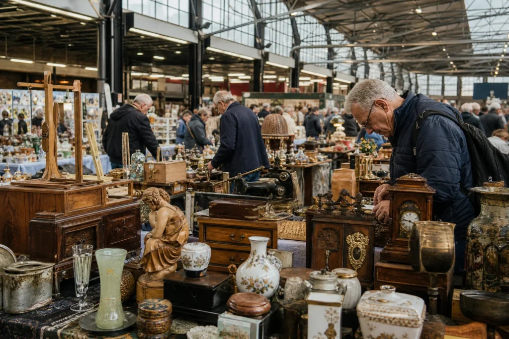 shoppers browsing antique and vintage market stalls at VerzamelJaarbeurs Utrecht in Netherlands