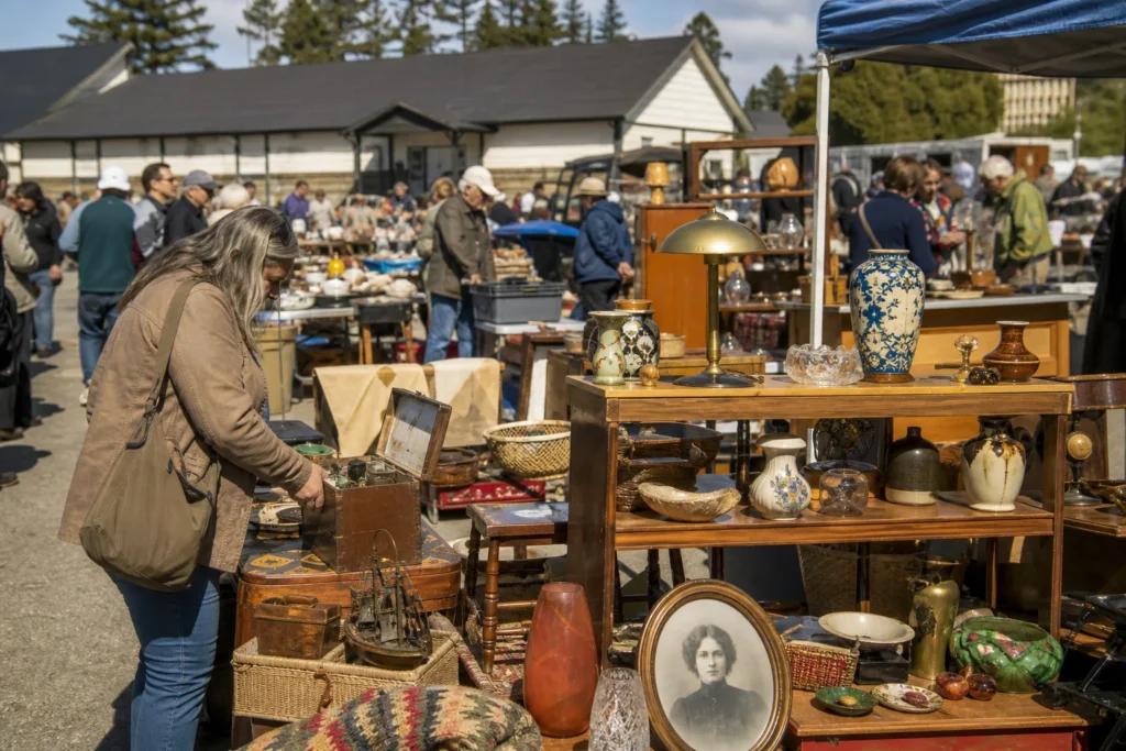 shoppers browsing antique and vintage market stalls at Victoria Flea Market in British Columbia, Canada