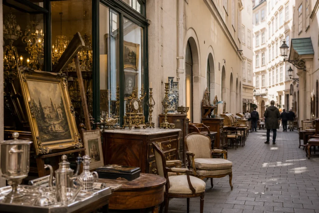 shoppers browsing antique and vintage market stalls at Vienna’s Antique District in Austria