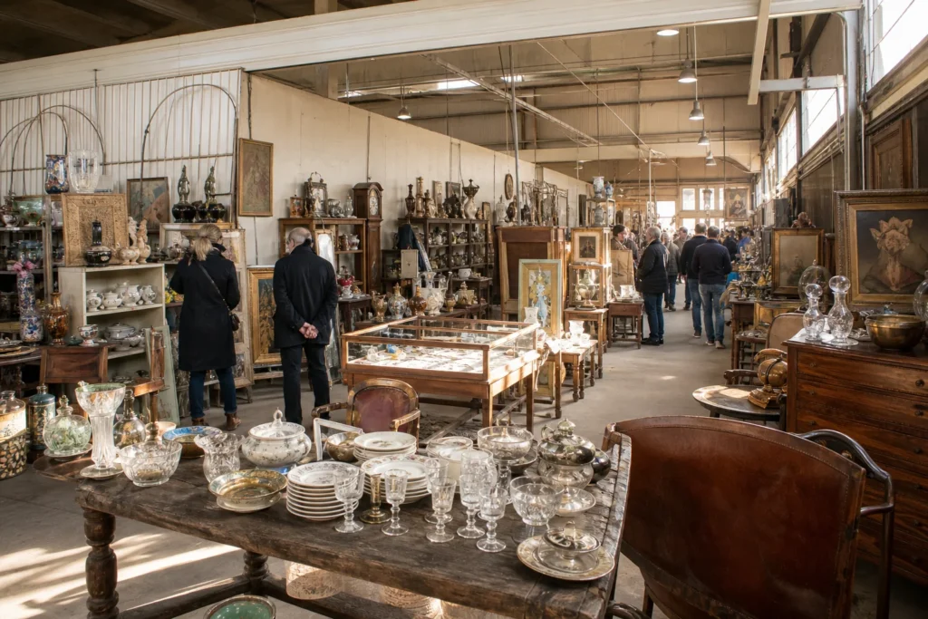 shoppers browsing antique and vintage market stalls at Village Antiquités Brocante Rauzan in France