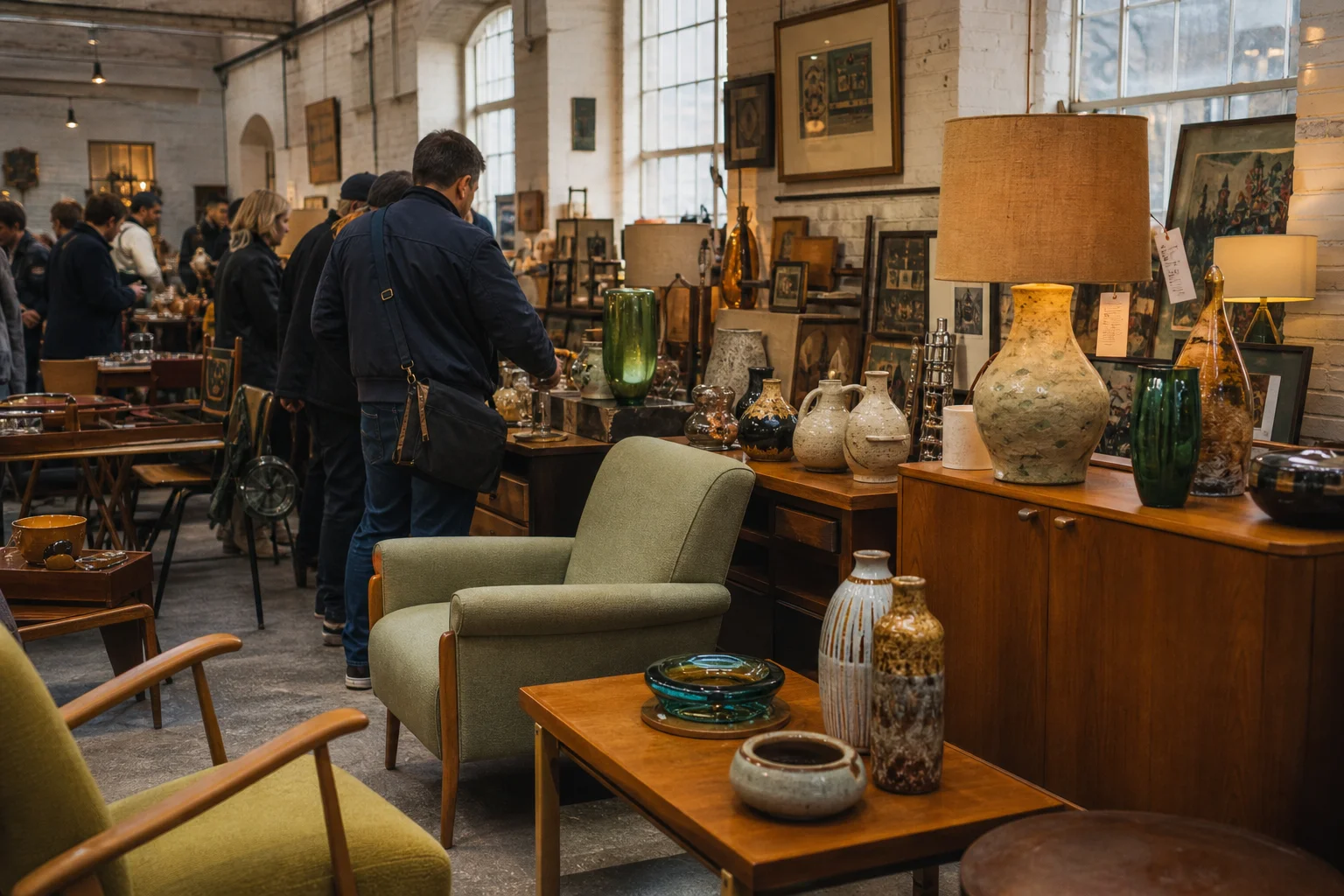 shoppers browsing antique and vintage market stalls at Vintage Furniture Flea in London