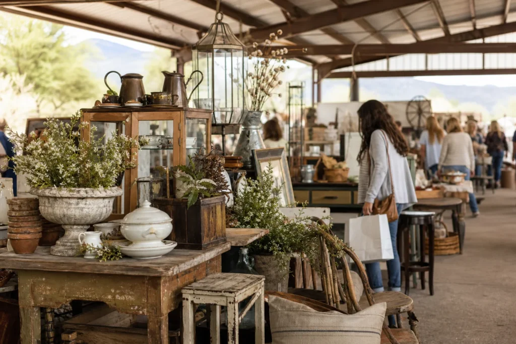 shoppers browsing antique and vintage market stalls at Vintage Market Days in Arizona