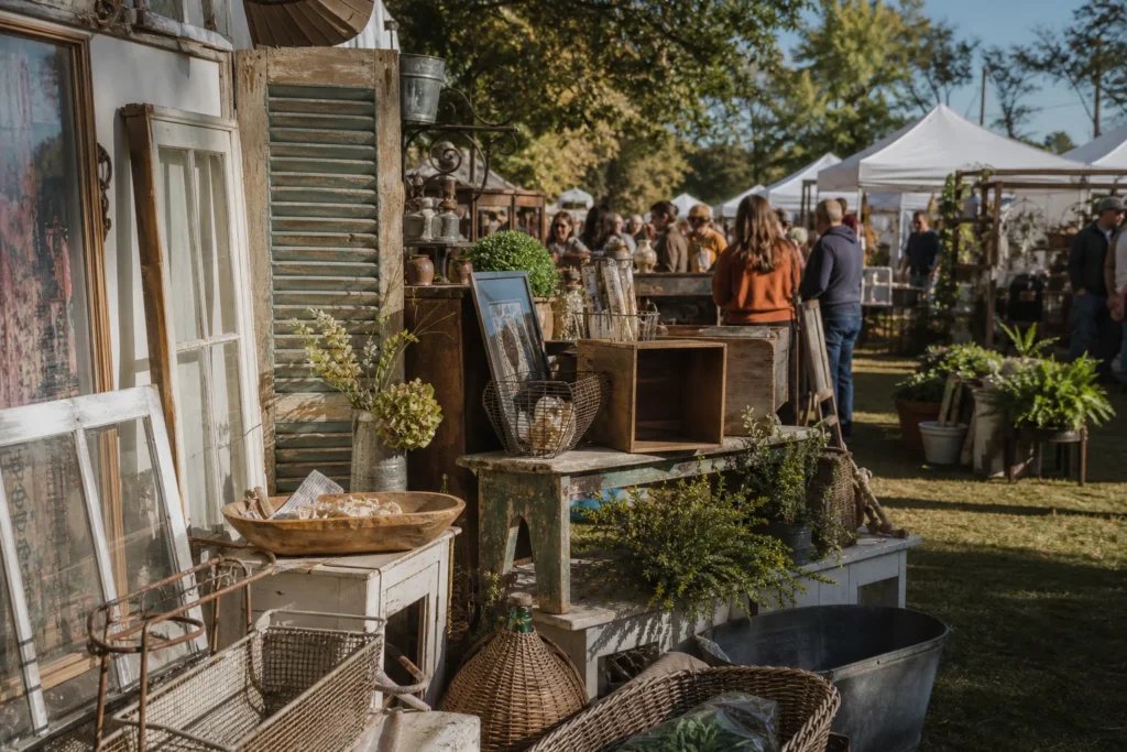 shoppers browsing antique and vintage market stalls at Vintage Market Days of Northwest Arkansas