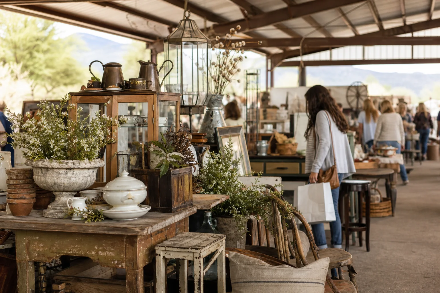 shoppers browsing antique and vintage market stalls at Vintage Market Days in Arizona