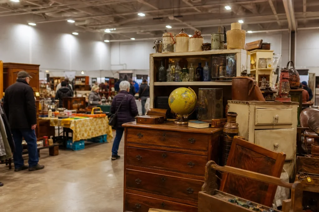 shoppers browsing antique and vintage market stalls at Vintage Redefined Market in Alberta, Canada