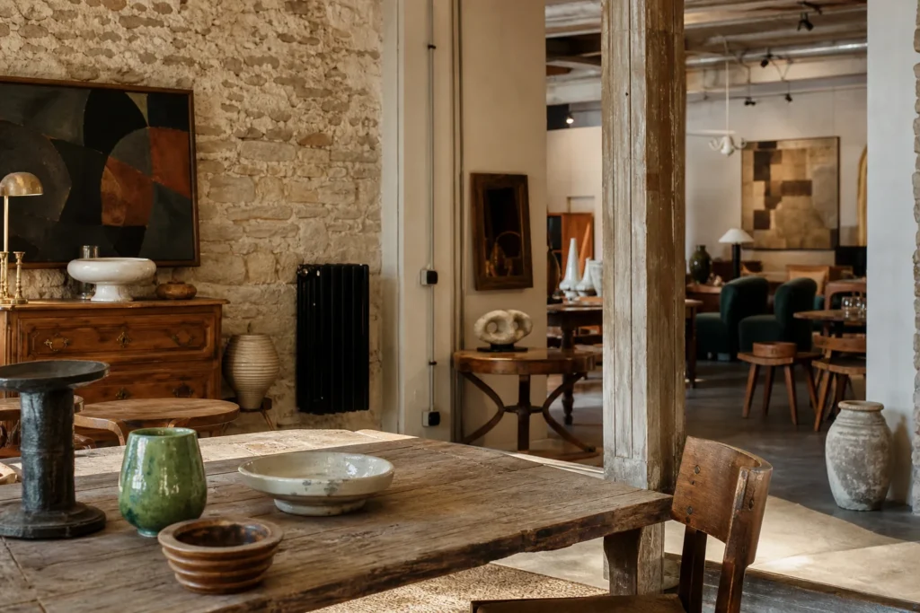 shoppers browsing antique and vintage market stalls at Vinterior in Place Charles David, 30400 Villeneuve-lès-Avignon, France