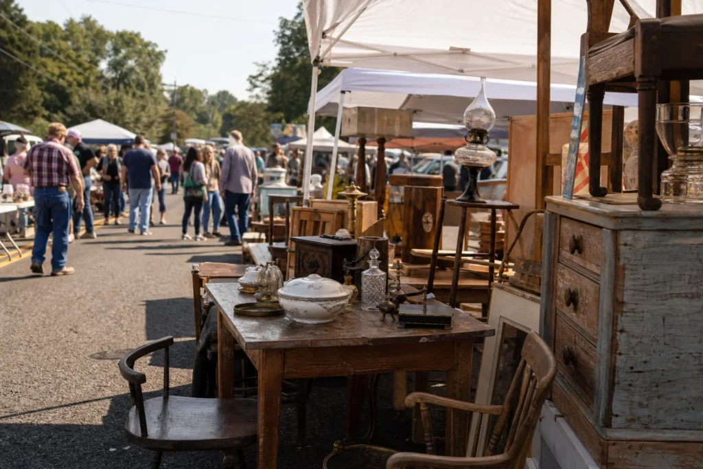 shoppers browsing antique and vintage market stalls at Virginia’s 100 Mile Yard Sale