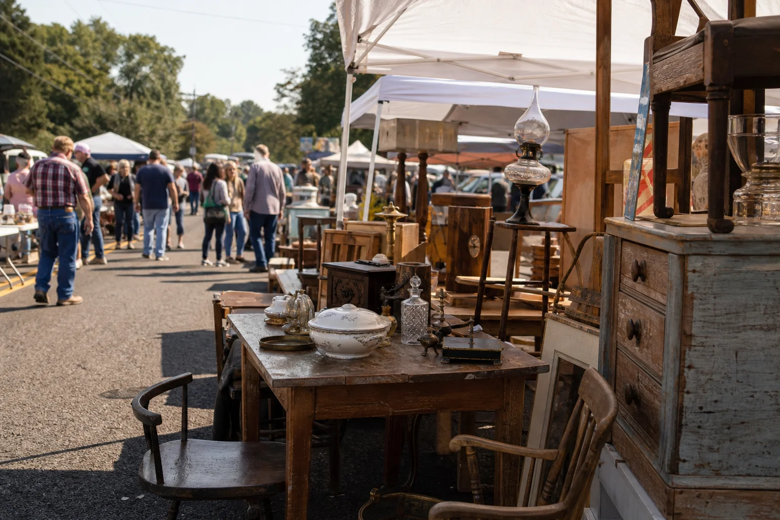 shoppers browsing antique and vintage market stalls at Virginia’s 100 Mile Yard Sale