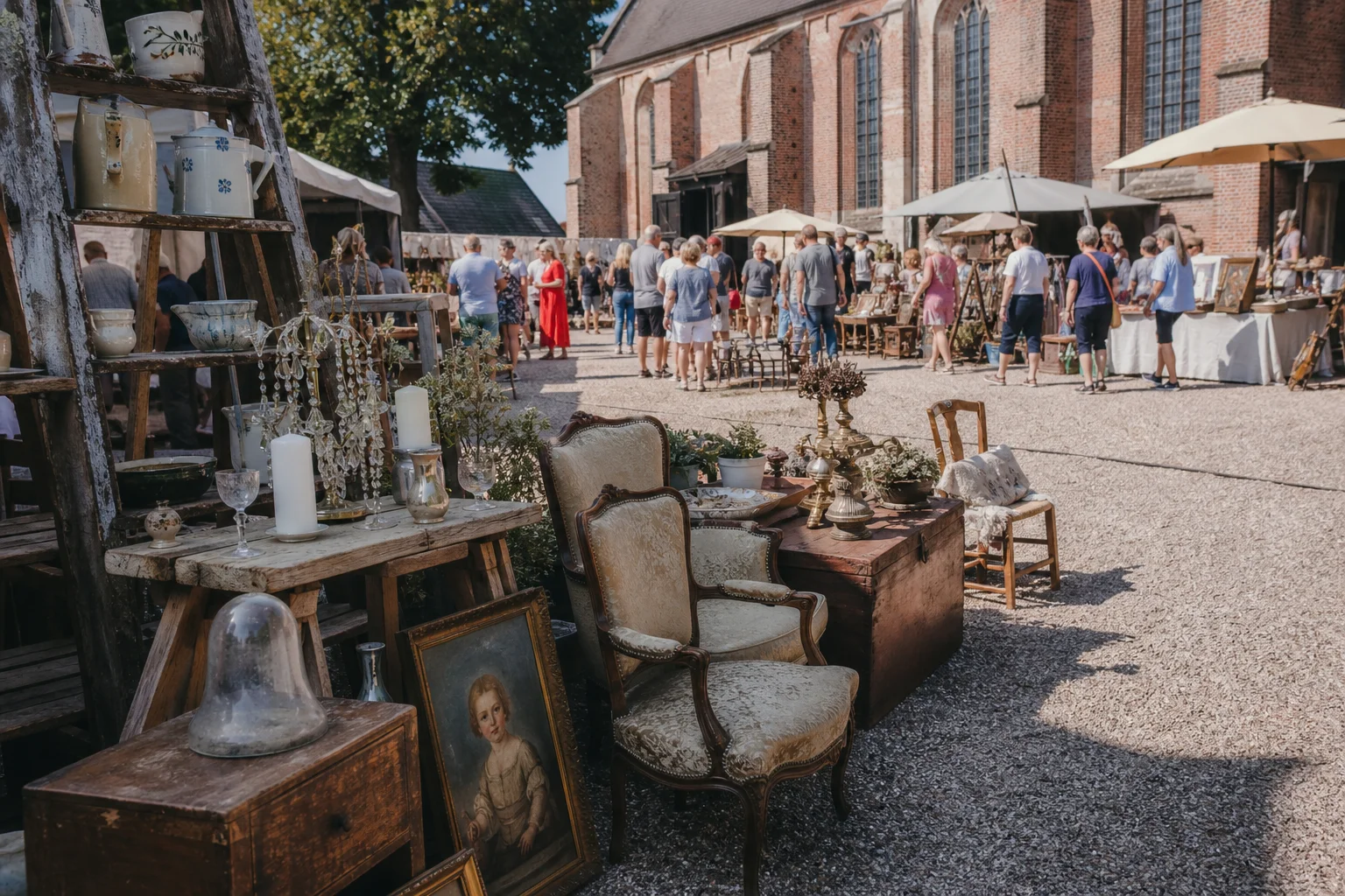 shoppers browsing antique and vintage market stalls at Vive la France Brocantemarkt in Netherlands