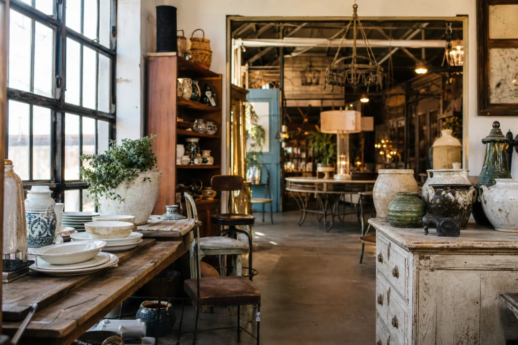shoppers browsing antique and vintage market stalls at Waco’s Antique District in Texas