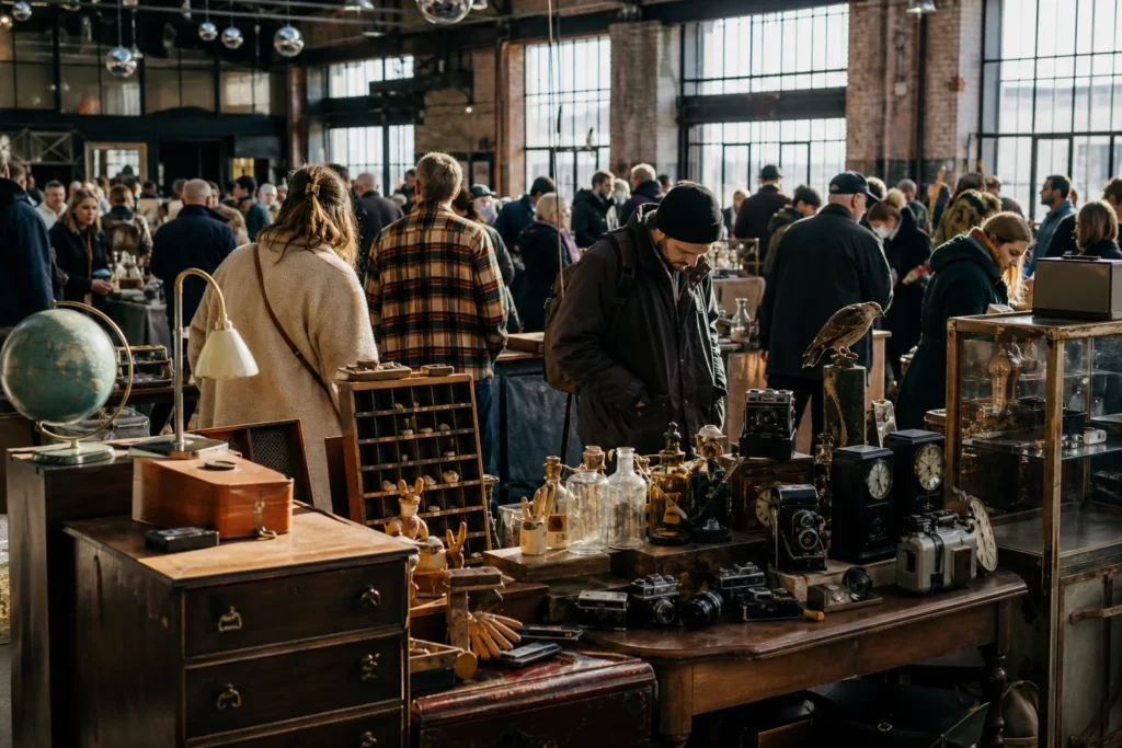 shoppers browsing antique and vintage market stalls at Walthamstow Flea Market in London