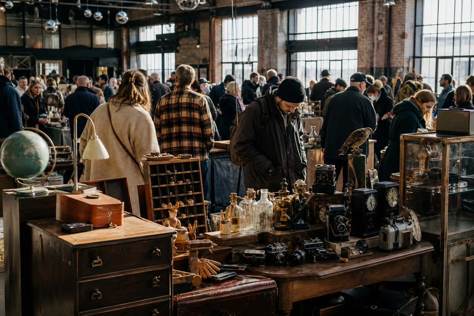 shoppers browsing antique and vintage market stalls at Walthamstow Flea Market in London