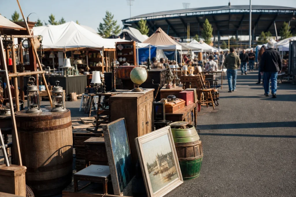 shoppers browsing antique and vintage market stalls at Washington Antiques Fair in Pennsylvania