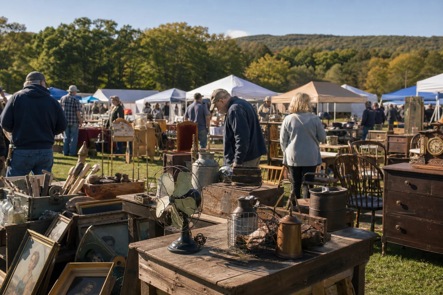 shoppers browsing antique and vintage market stalls at Washington County Antique Fair in New York State