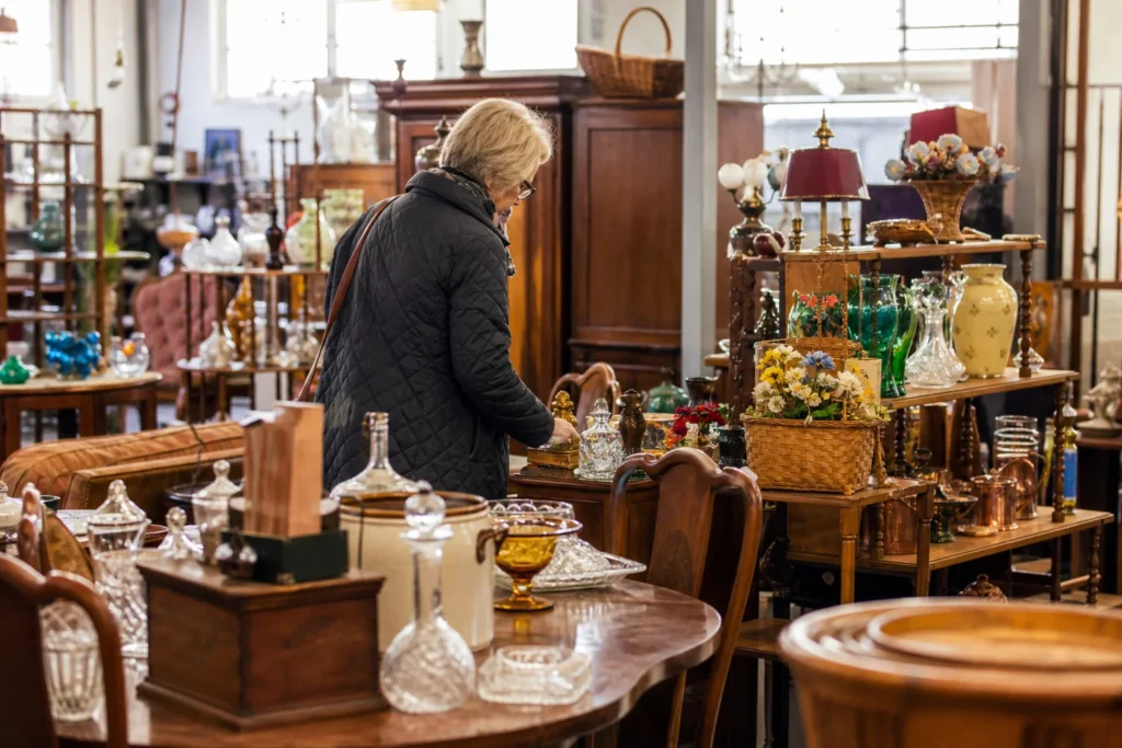 shoppers browsing antique and vintage market stalls at Waterford Antique Market in Canada, Ontario