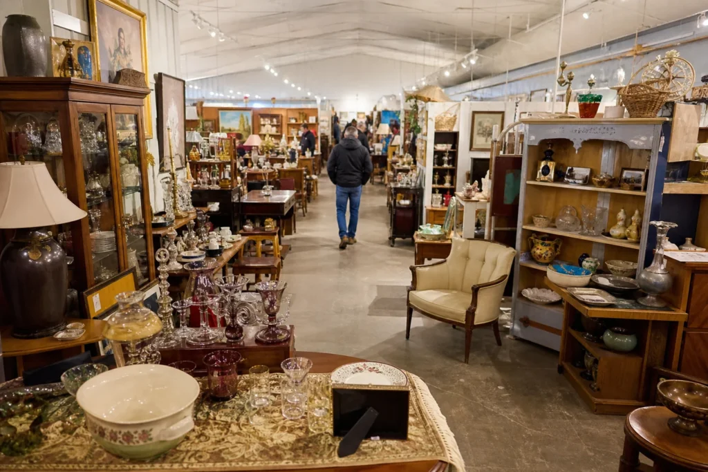 shoppers browsing antique and vintage market stalls at Waterford Unique Antique Market in Wisconsin