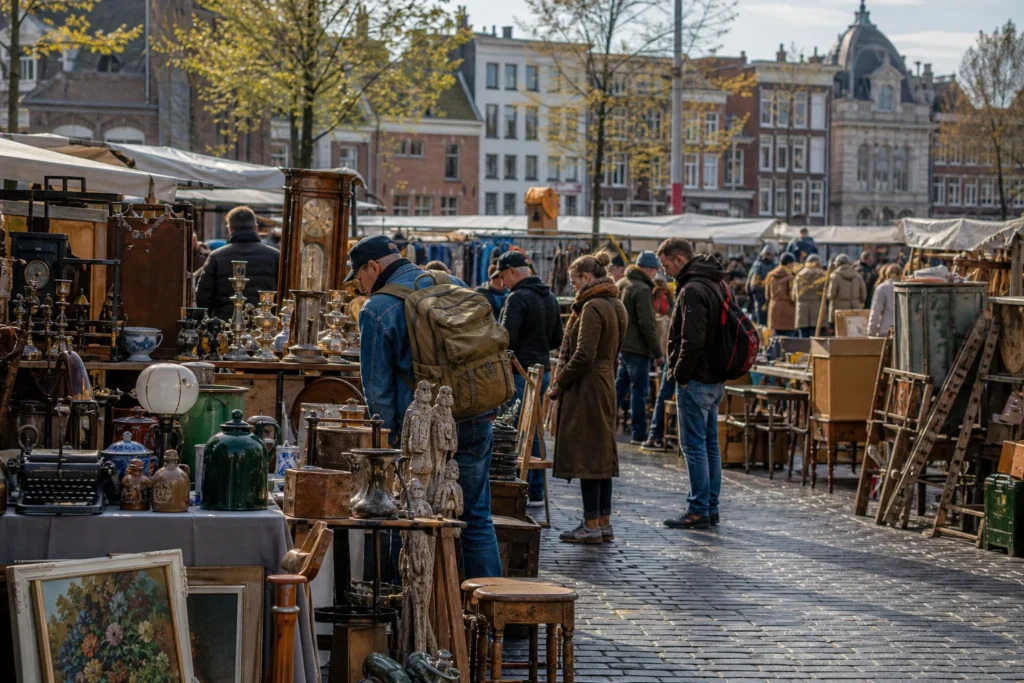 shoppers browsing antique and vintage market stalls at Waterlooplein Market in Amsterdam, Netherlands