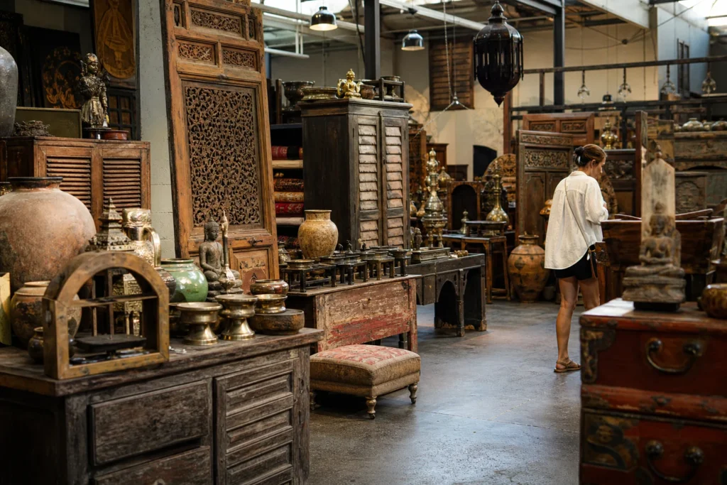 shoppers browsing antique and vintage market stalls at Watertiger in New South Wales, Sydney