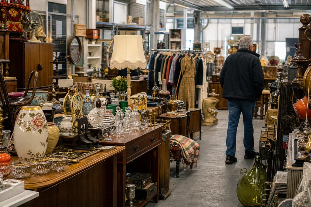 shoppers browsing antique and vintage market stalls at Waverley Antique Bazaar in Melbourne, Victoria