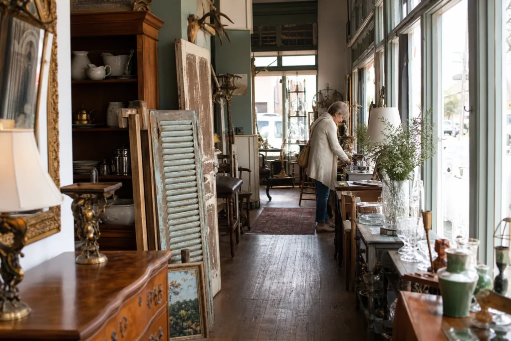 shoppers browsing antique and vintage market stalls at Waxahachie’s Antique District in Texas