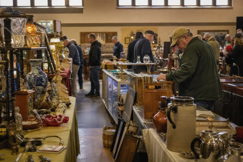 shoppers browsing antique and vintage market stalls at Wayne PAL Antiques and Collectibles Show in New Jersey
