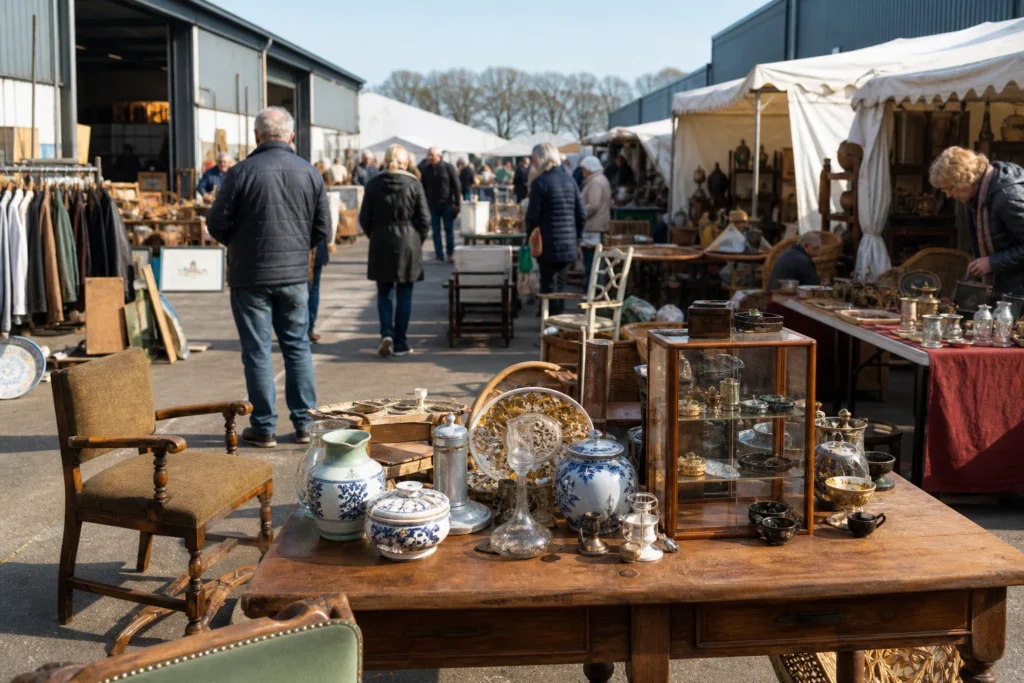 shoppers browsing antique and vintage market stalls at Weerselose Market in Netherlands
