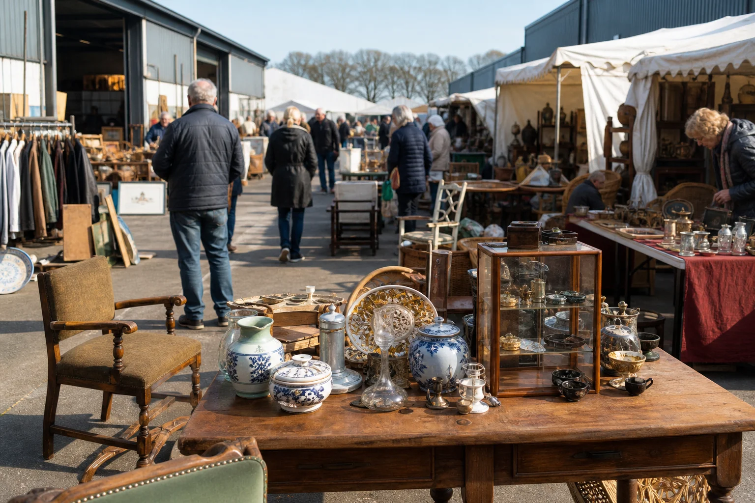 shoppers browsing antique and vintage market stalls at Weerselose Market in Netherlands