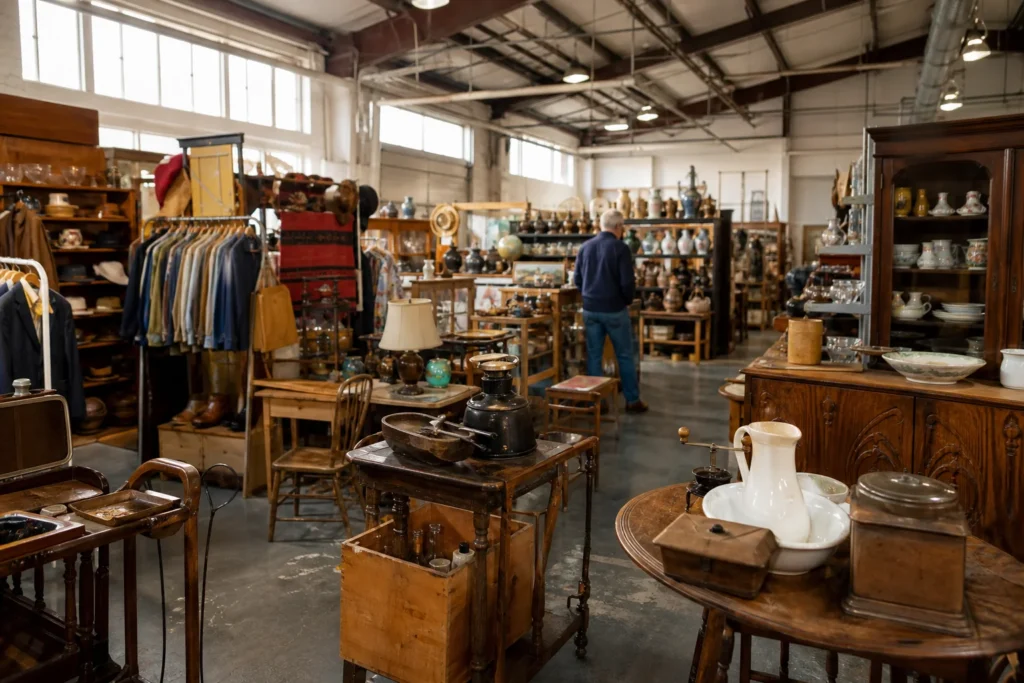 shoppers browsing antique and vintage market stalls at Weil Antique Center in Pennsylvania
