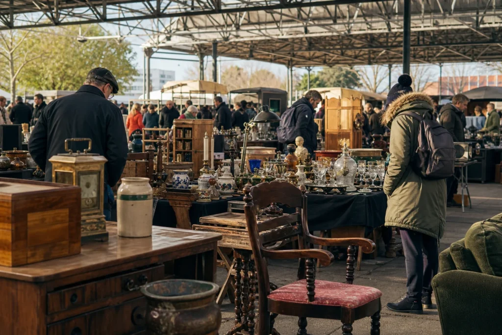 shoppers browsing antique and vintage market stalls at Wembley Park Antiques Market in London