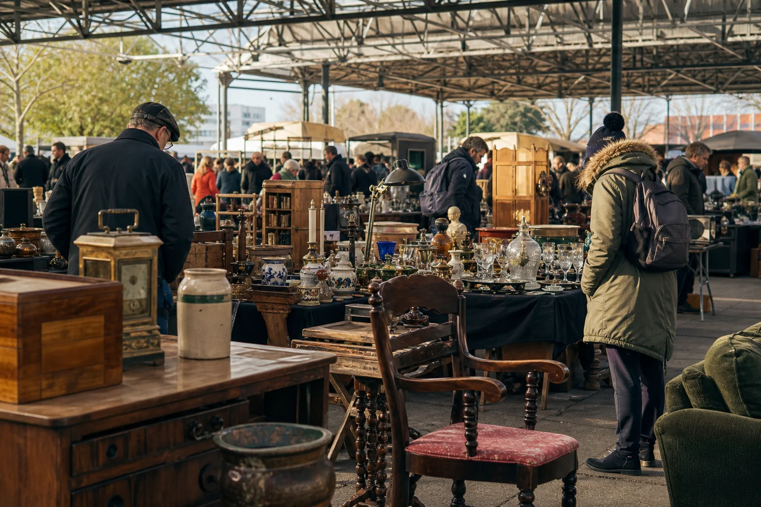 shoppers browsing antique and vintage market stalls at Wembley Park Antiques Market in London