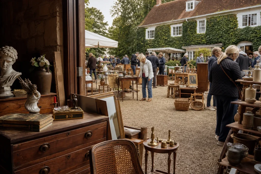 shoppers browsing antique and vintage market stalls at Westerham Brocante in United Kingdom
