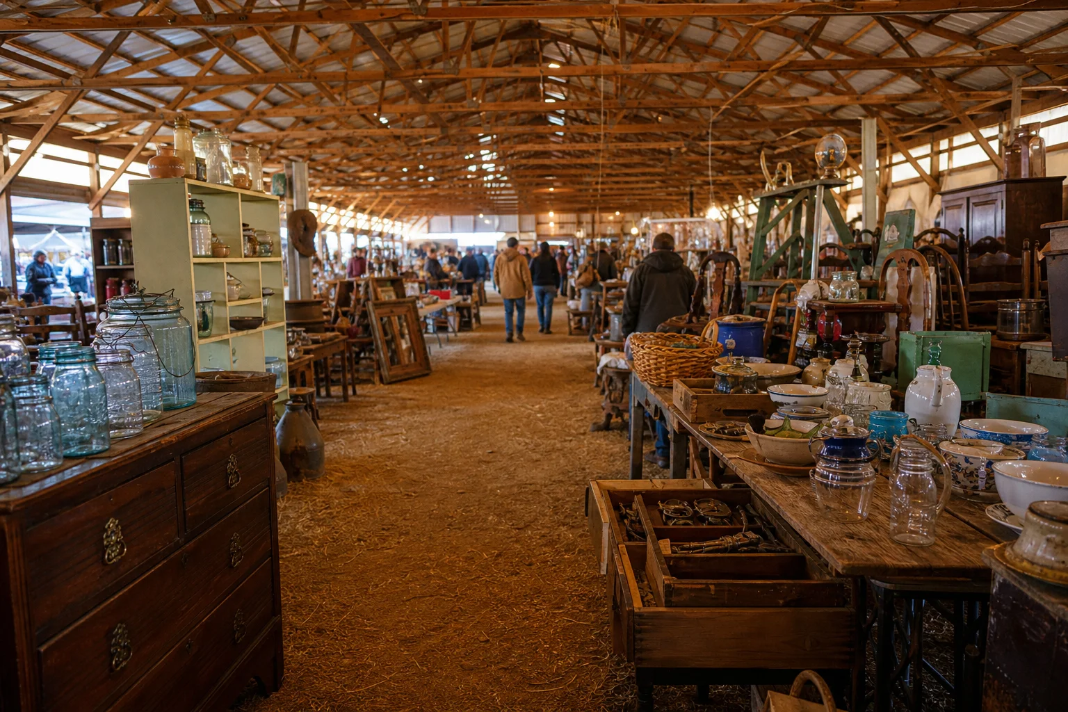 shoppers browsing antique and vintage market stalls at What Cheer Flea Market in Iowa