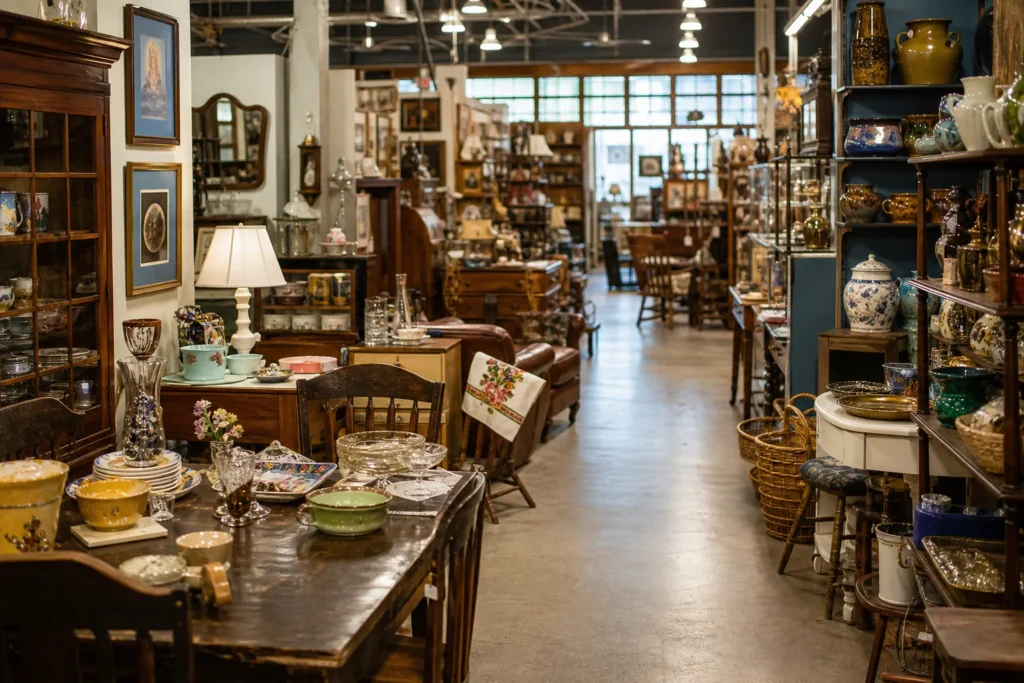 shoppers browsing antique and vintage market stalls at Where on Earth Did You Get That in Alberta, Canada