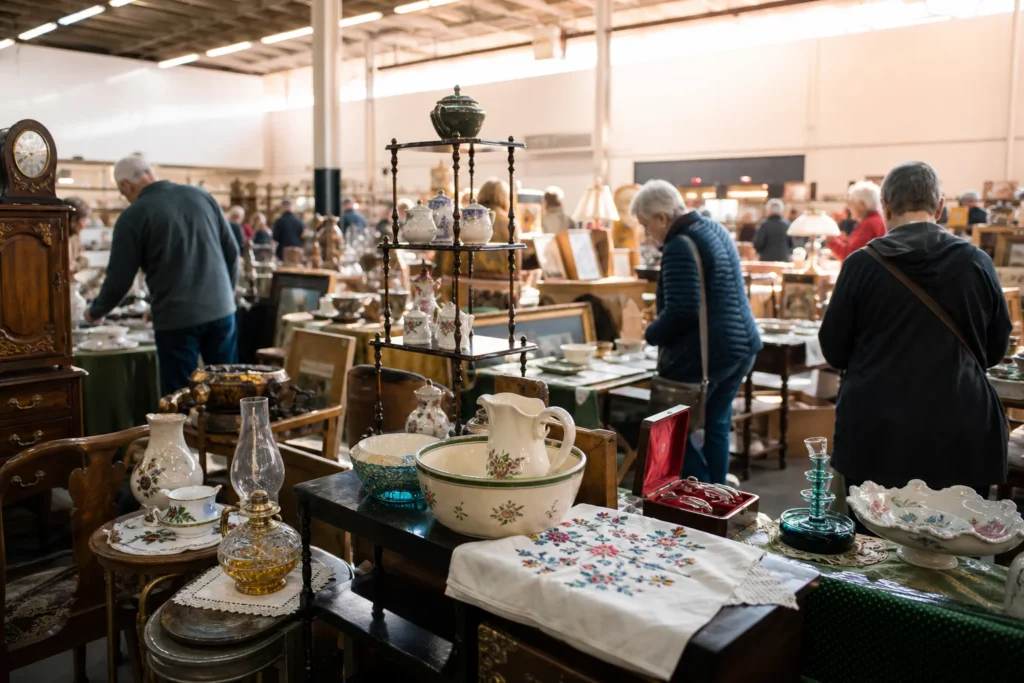 shoppers browsing antique and vintage market stalls at Wild Rose Antique Collectors Society Annual Show and Sale in Alberta, Canada